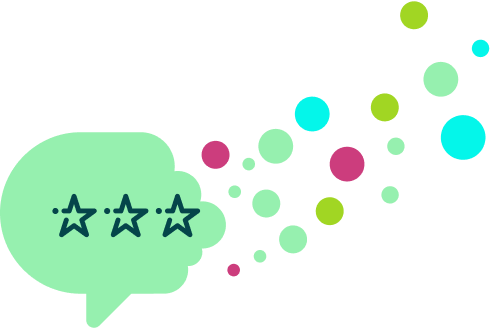 Three stars in a speech bubble with circles coming from the right hand side