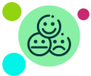 A happy, unhappy and neutral face in a green circle surrounded by three bright cirlces