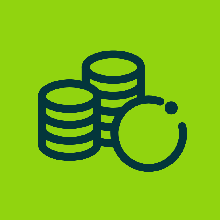 A dark green icon of coins on a light green background