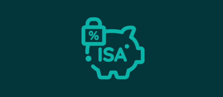 Aqua piggy bank icon on a dark aqua background with ISA text in the middle with a percentage sign inside a lock iconn