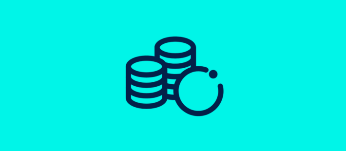 Icon of stacked coins in navy blue on a light blue background