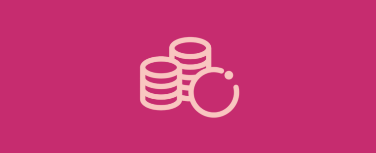 Icon of stacked coins in light pink on a fuchsia pink background