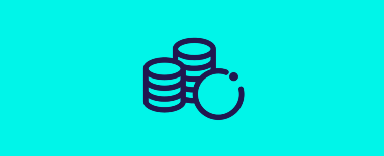 Icon of stacked coins in navy on a blue background