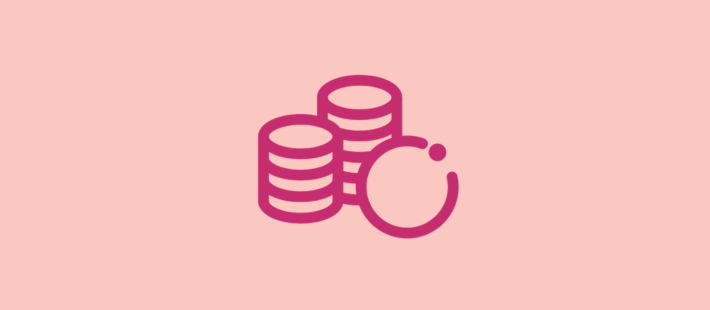 Fuchsia stacked coins icon on a baby pink background